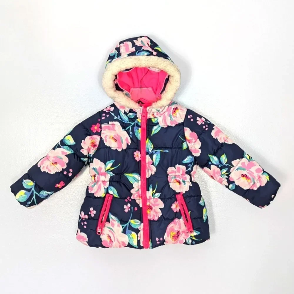 Carter's Blue Pink Floral Toddler Girl Puffer Jacket 24 Months